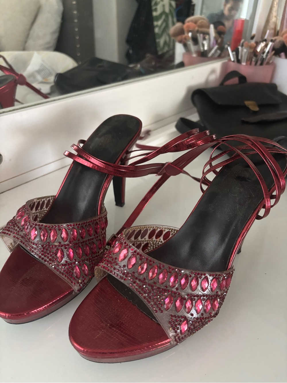 Red Jeweled Strappy Women's Heels with Ankle Wrap
